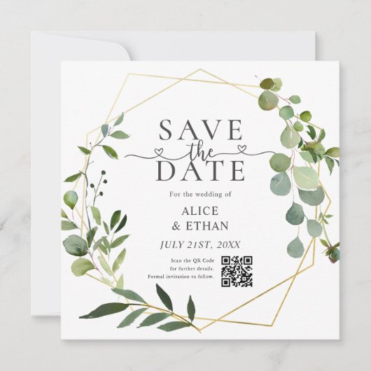 Eucalyptus Script Hart QR Code Bewaar de Datum Save The Date (Voorkant)