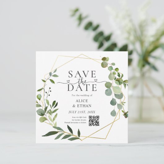 Eucalyptus Script Heart QR Code Save The Date (Staand voorkant)