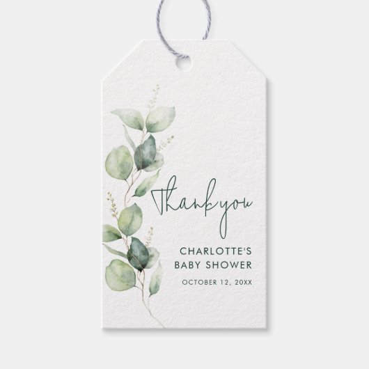 Eucalyptus Script minimalistisch Baby shower Cadeaulabel (Voorkant)