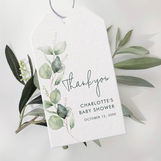 Eucalyptus Script minimalistisch Baby shower Cadeaulabel