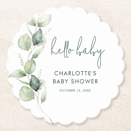 Eucalyptus Script minimalistisch Baby shower Kartonnen Onderzetters (Voorkant)