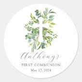Eucalyptus Serenity Eerste Communie Ronde Sticker (Voorkant)