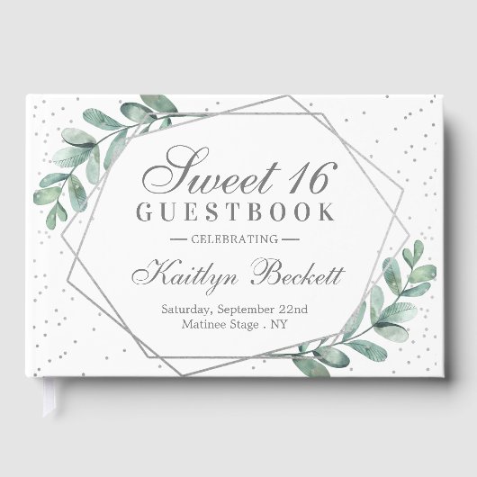 Eucalyptus Silver Geometric Sweet Sixteen Gastenboek (Voorkant)