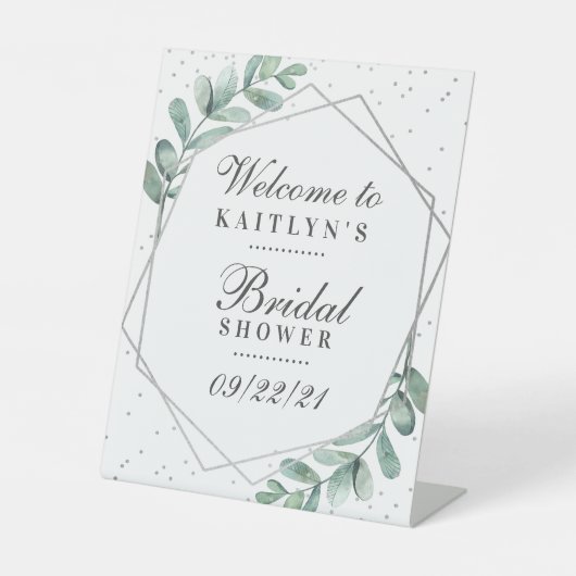 Eucalyptus Silver Geometric Vrijgezellenfeest Reclamebord Met Voetstuk (Voorkant)