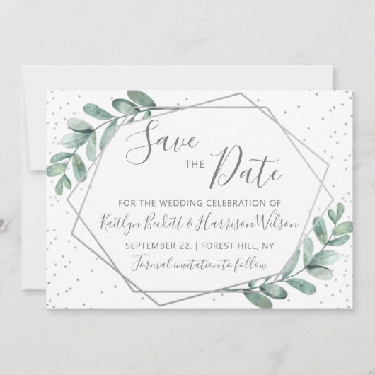 Eucalyptus Silver Geometric Wedding Save The Date (Voorkant)