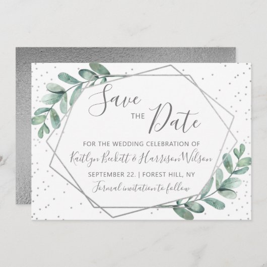 Eucalyptus Silver Geometric Wedding Save The Date (Voorkant / Achterkant)