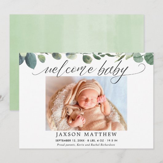 Eucalyptus simpele moderne geboorteaankondiging (Voorkant / Achterkant)