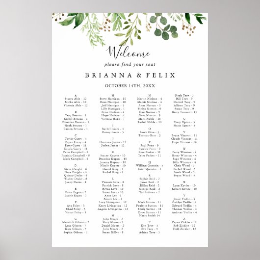 Eucalyptus Simple Alfabetical Seat Chart Poster (Voorkant)