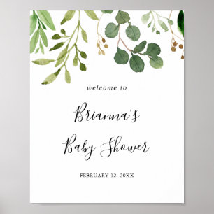 Eucalyptus Simple Brown Floral Baby shower Welkom Poster