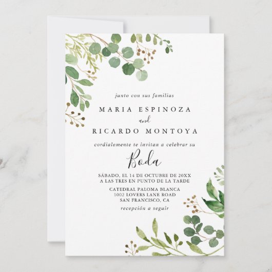 Eucalyptus Simple Brown Floral Spanish Wedding Kaart (Voorkant)