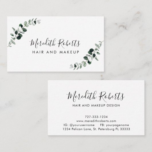 Eucalyptus Simple Elegant Hair and Makeup Visitekaartje (Voorkant / Achterkant)