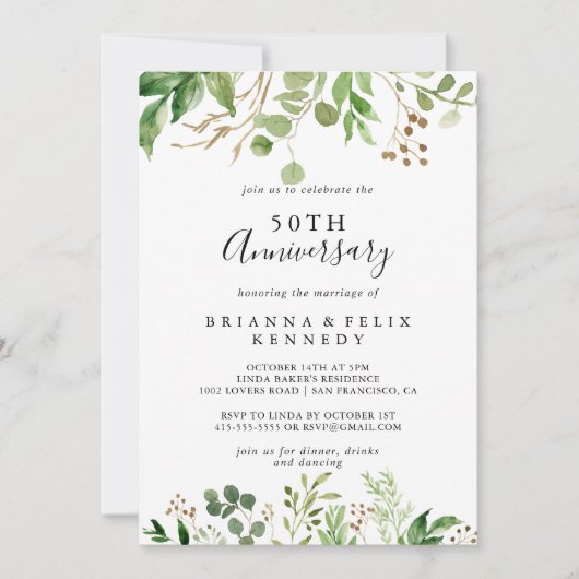 Eucalyptus Simple Floral 50th Wedding Jubileum Kaart (Voorkant)