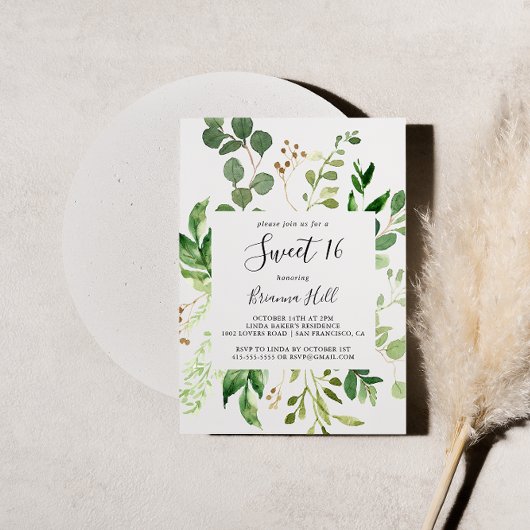 Eucalyptus Simple Floral Sweet 16 Birthday Party Kaart