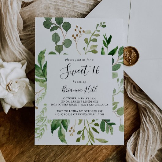 Eucalyptus Simple Floral Sweet 16 Birthday Party Kaart
