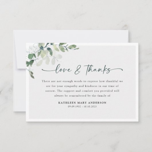 Eucalyptus Simple Script Funeral Bedankkaart (Voorkant)