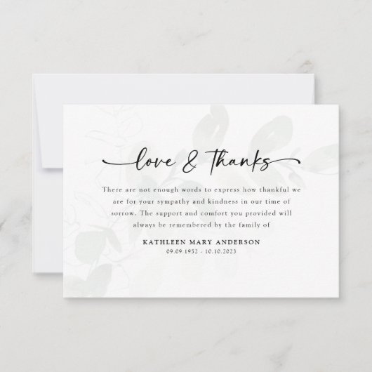 Eucalyptus Simple Script Funeral Bedankkaart (Voorkant)