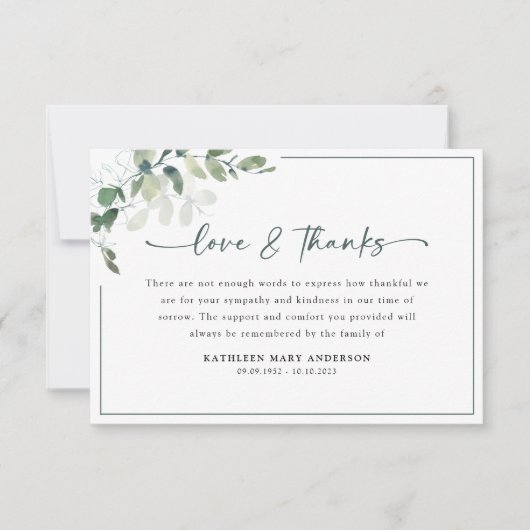 Eucalyptus Simple Script Funeral Bedankkaart (Voorkant)