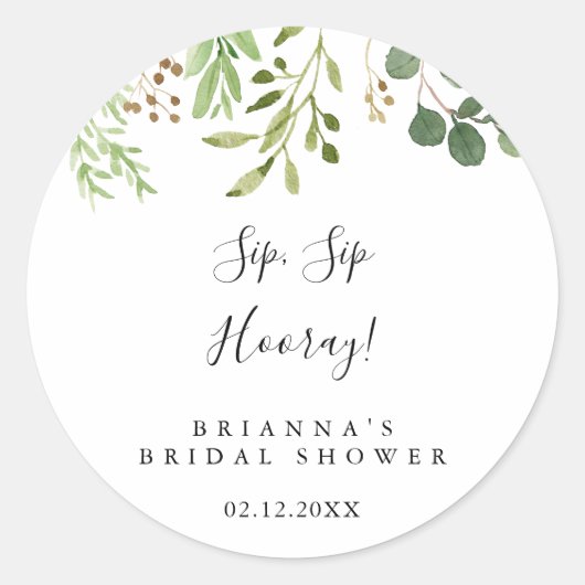 Eucalyptus Simple Sip Sip Hooray Bruiloftsfeest Ronde Sticker (Voorkant)