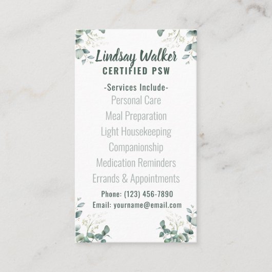 Eucalyptus Soft Green Personal Support Worker Visitekaartje (Voorkant)
