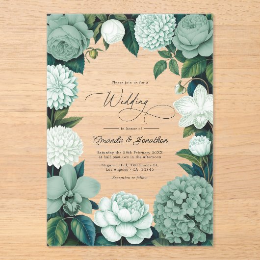 Eucalyptus Soft, Mint Frost & Snowdrop Wedding Acryl Uitnodigingen (Voorkant)