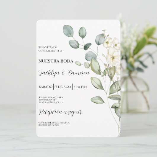 Eucalyptus Spaanse bruiloft uitnodiging (Staand voorkant)