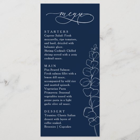 Eucalyptus Spring Navy Blue Wedding Dinner Menu (Voorkant)