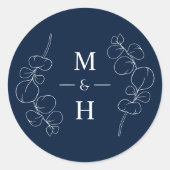 Eucalyptus Springs Monogram Navy Blauwe Trouw Ronde Sticker (Voorkant)