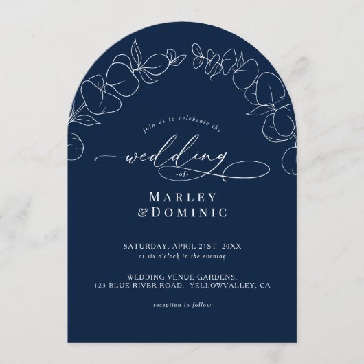Eucalyptus Springs Script Navy Blue Arch Wedding Kaart (Voorkant)