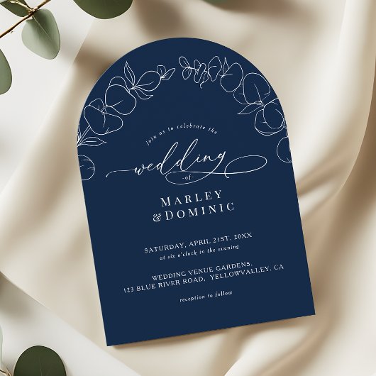 Eucalyptus Springs Script Navy Blue Arch Wedding Kaart