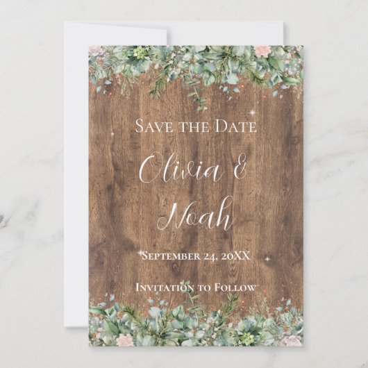 Eucalyptus Stof Roze Save the Date | Groene decora Kaart (Voorkant)