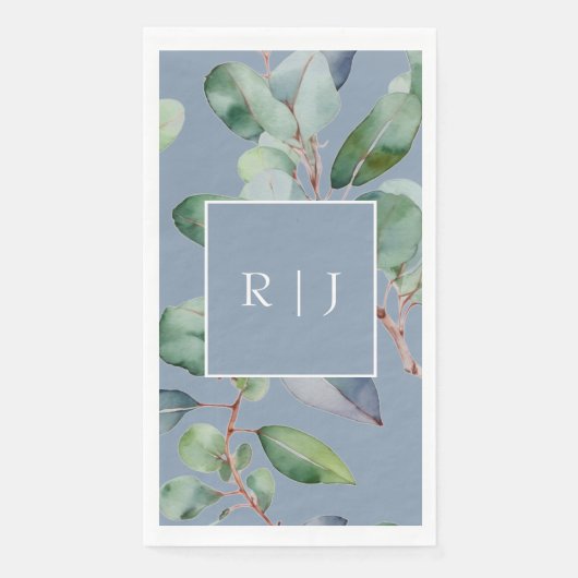Eucalyptus stoffig blauw monogram groen bruiloft servet (Voorkant)