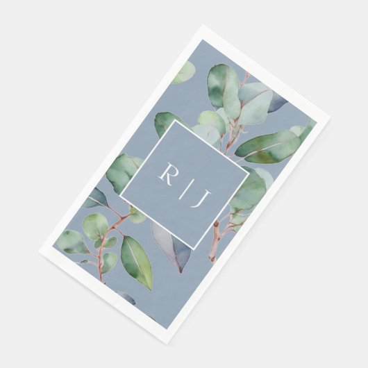 Eucalyptus stoffig blauw monogram groen bruiloft servet (Hoek)