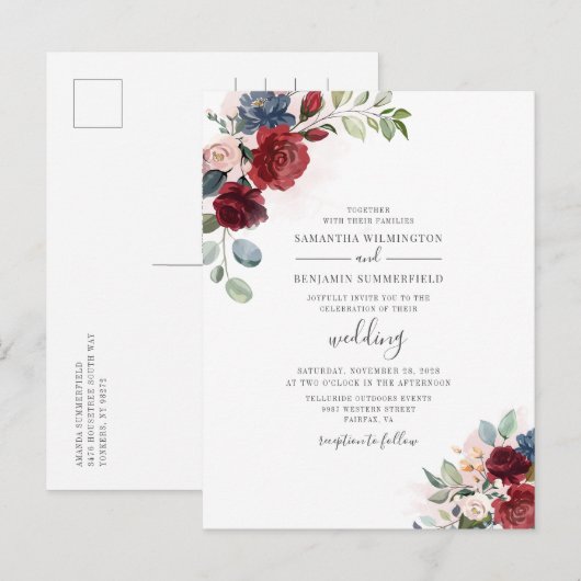 Eucalyptus Succulent Burgundy Floral Wedding Uitnodiging Briefkaart (Voorkant / Achterkant)