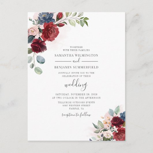 Eucalyptus Succulent Burgundy Floral Wedding Uitnodiging Briefkaart (Voorkant)