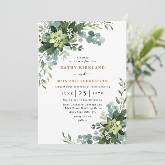 Eucalyptus Succulent Elegant Boho groen bruiloft Kaart (Staand voorkant)