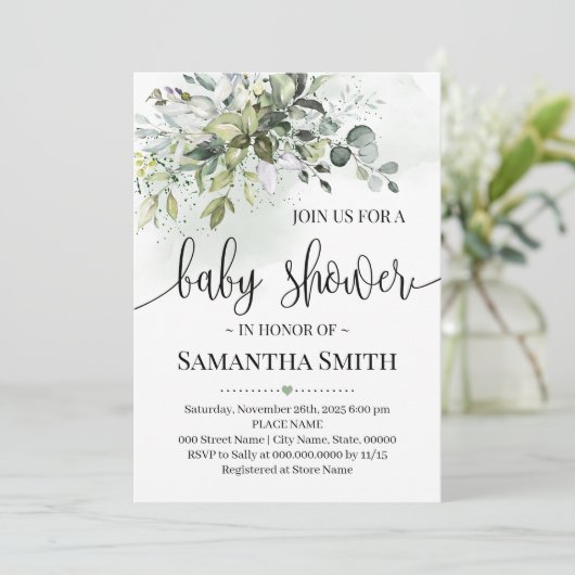 Eucalyptus succulent greenery baby shower kaart (Staand voorkant)