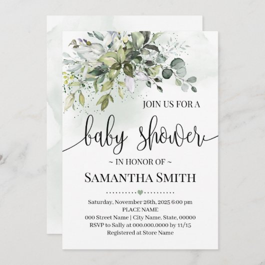 Eucalyptus succulent greenery baby shower kaart (Voorkant / Achterkant)