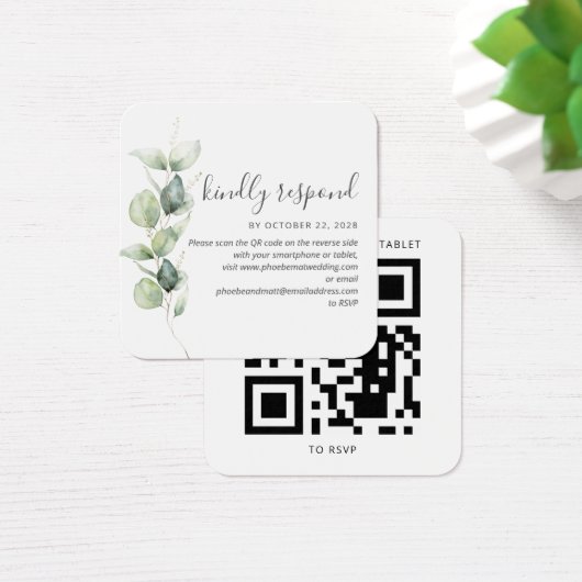 Eucalyptus Succulent QR Code Wedding RSVP Kaart (Bureau)