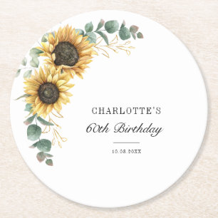 Eucalyptus Sunflower Bloemrijke Script 60e Verjaar Ronde Kartonnen Onderzetter