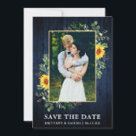 Eucalyptus Sunflower Blue Wood behalve datum Kaart<br><div class="desc">Moderne Waterverf Eucalyptus Greenery - Zonnebloemen Lijst Save the Date Photo Verloving Announounding Kaart - Gold Lijst,  Rustisch Country Blue Wood</div>