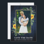 Eucalyptus Sunflower Blue Wood behalve datum Kaart<br><div class="desc">Moderne Waterverf Eucalyptus Greenery - Zonnebloemen Lijst Save the Date Photo Verloving Announounding Kaart - Gold Lijst,  Rustisch Country Blue Wood</div>