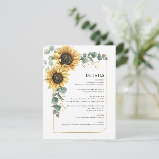 Eucalyptus Sunflower Botanical Weddenschap Details Informatiekaartje (Staand voorkant)