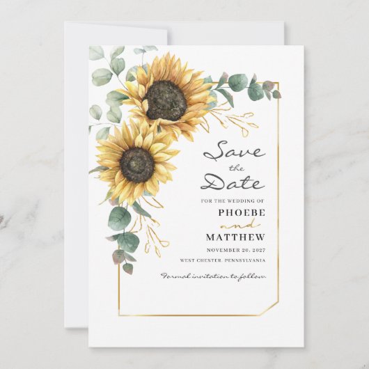 Eucalyptus Sunflower Botanische geometrische Save The Date (Voorkant)
