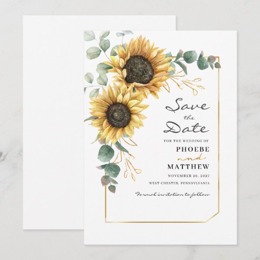Eucalyptus Sunflower Botanische geometrische Save The Date (Voorkant / Achterkant)