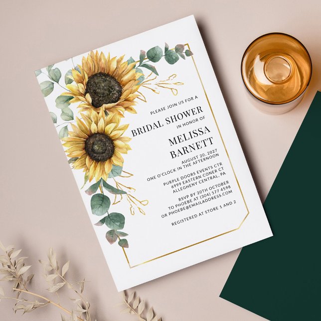 Eucalyptus Sunflower Bridal Shower Invitation (Bloom Sunflower Greenery Geometric Bridal Shower Invitation )