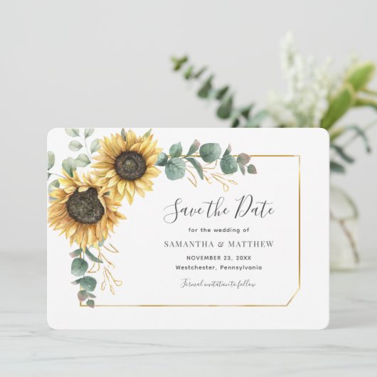 Eucalyptus Sunflower Floral Geometric Save The Date (Staand voorkant)