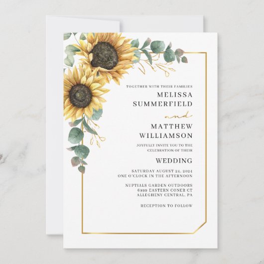 Eucalyptus Sunflower Floral Geometric Wedding Kaart (Voorkant)