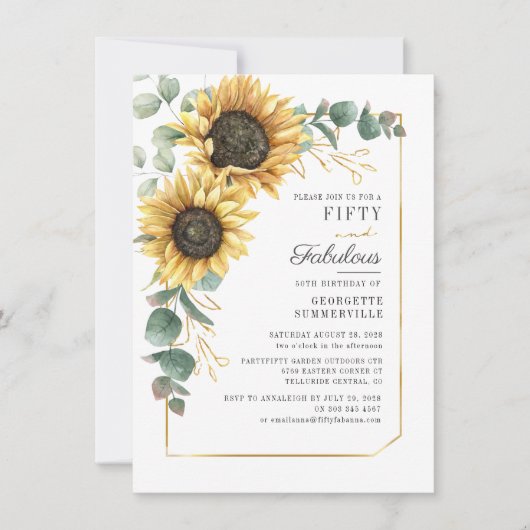 Eucalyptus Sunflower Floral Script 50th Birthday Kaart (Voorkant)