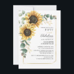 Eucalyptus Sunflower Floral Script 50th Birthday Kaart<br><div class="desc">Zonnebloem Eucalyptus Floral Script Geometric 50th Birthday nodigt een moderne boho chic bloemen en groen met geometrisch lijst uit.</div>