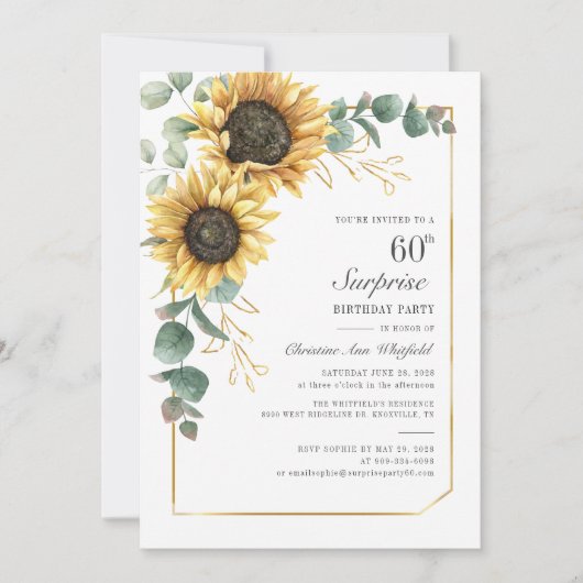 Eucalyptus Sunflower Floral Script 60th Birthday Kaart (Voorkant)